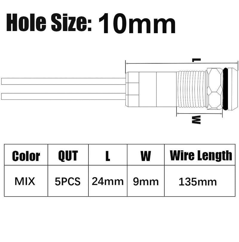 Gebildet Pack of 5 10 mm 12/24 VDC LED Metal Indicator Light Waterproof Signal Lamp with Wire Multi-Colour 12 V/24 V