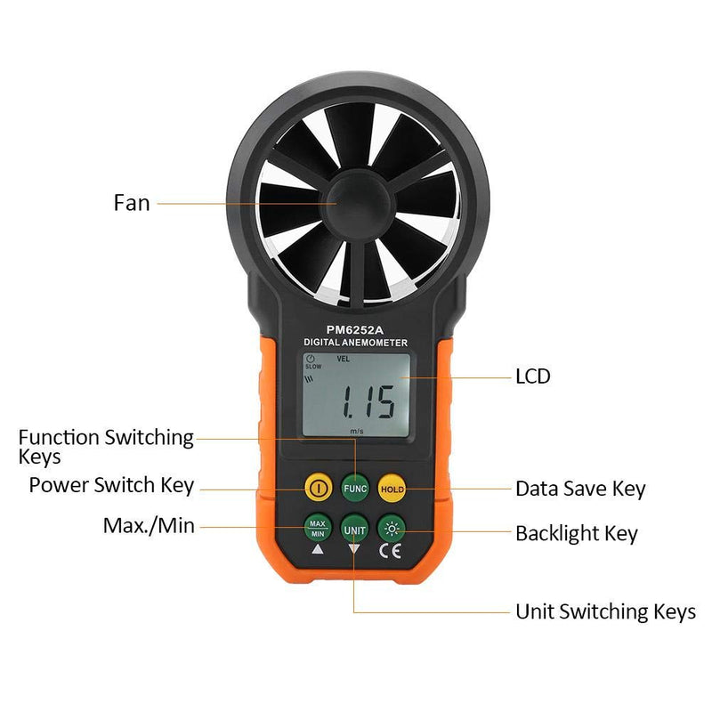Handheld Digital Anemometer PM6252A Wind Speed Meter Air Flow Meter with LCD Display Backlight for Windsurfing Kite Flying Sailing Surfing Fishing
