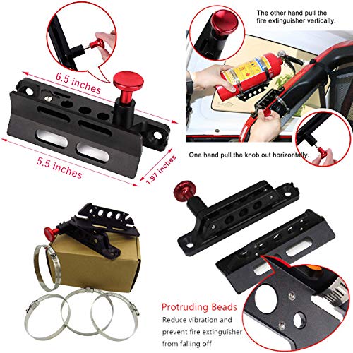 Quick Release Adjustable Aluminum Fire Extinguisher Holder Mount Bracket Compatible with for Jeep Wrangler UTV Polaris RZR Ranger Camper Van with Pillar Black