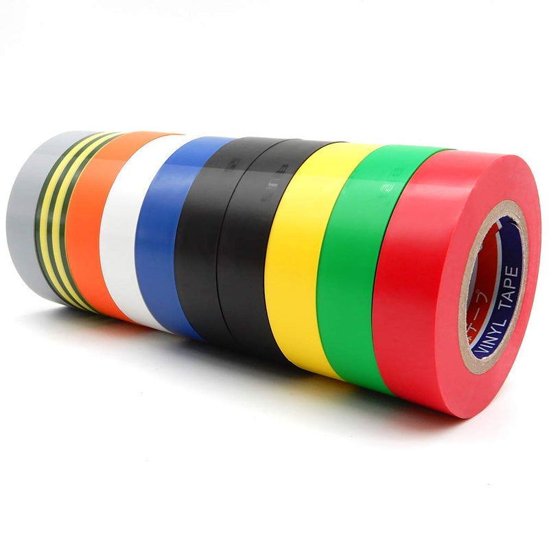 10 Pack Electrical Tapes - Maveek 0.67Inch 65.6Ft PVC Waterproof, Flame Retardant, Strong Rubber Based Adhesive Gaffer Tapes(9 Colors) 10 pcs