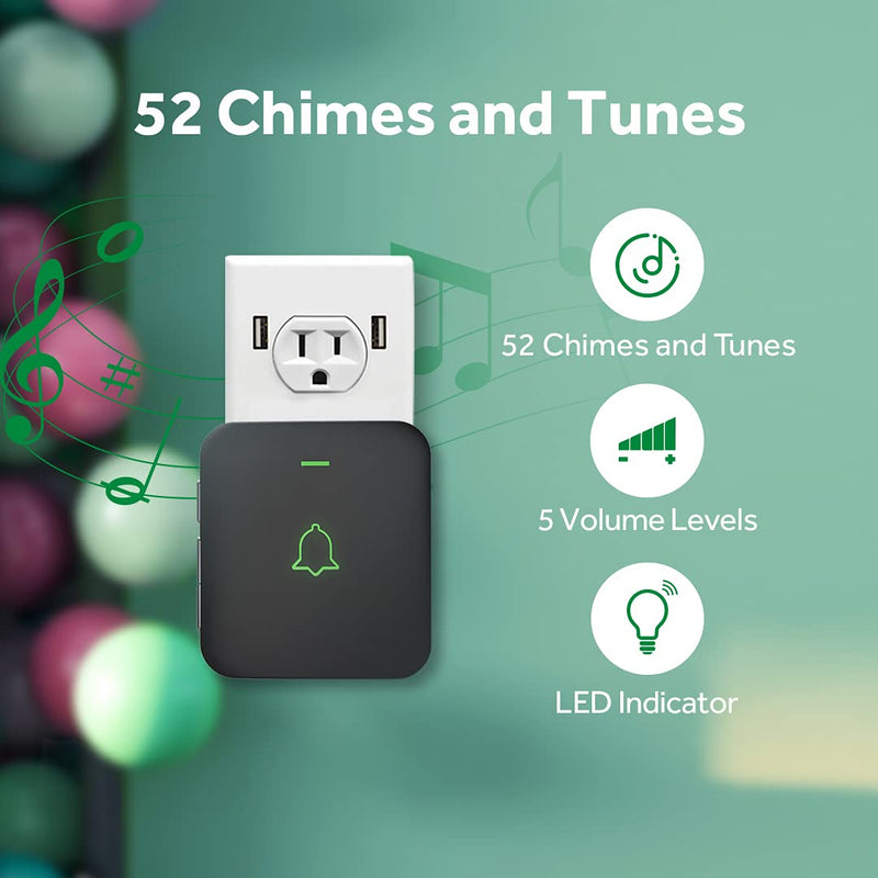 Wireless Door Bell, AVANTEK CB-21 Mini Waterproof Wireless Doorbell Operating at Over 1000 Feet, 2 Remote Buttons Can Have Different Tones, 52 Melodies, CD Quality Sound and LED Flash Black