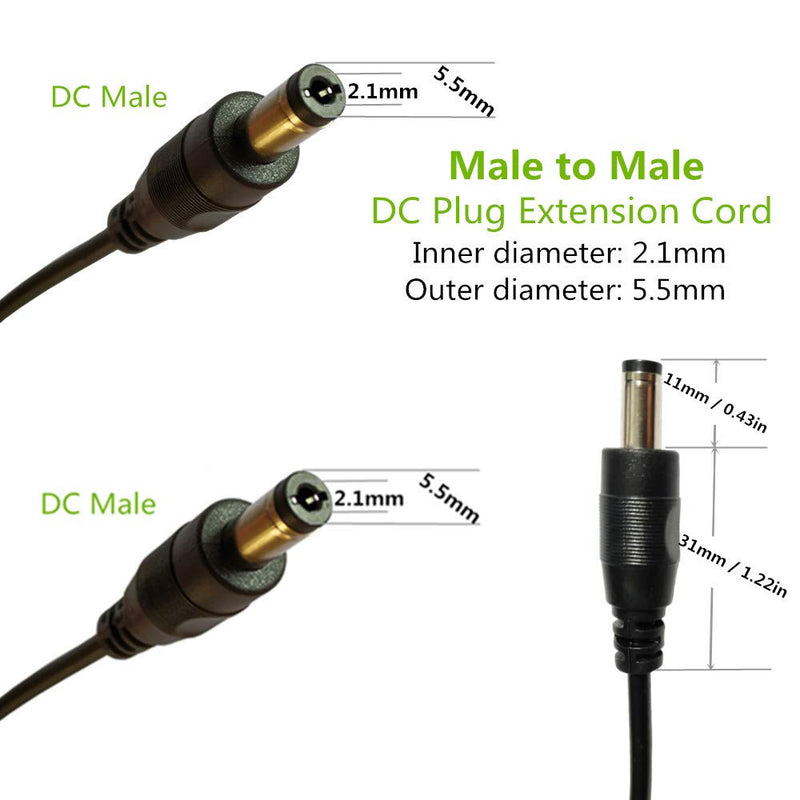 DZYDZR 2pcs 1 Meter 2.1mm x 5.5mm DC 12V Adapter Cable DC Plug Extension Cable Male to Male Black, for LED, CCTV, Car, Monitors, and More (3.3ft)