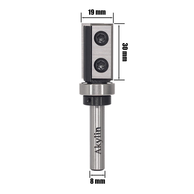 AKYLIN reversible flush cutter 8 mm shank, 4-sided interchangeable carbide blade, flush cutter router with ball bearing, wood cutter for edge processing, flush cutter, bottom bearing, 8 x 19 x 30 mm