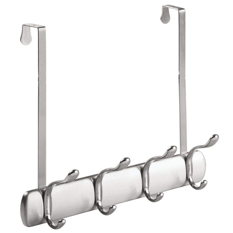 iDesign Bruschia Metal Over the Door Hanging 4-Hook Rack for Coats, Hats, Robes, Towels in Bathroom, Bedroom, Dorm, Entryway, 13" x 4.42" x 11.25", Brushed Nickel and Chrome