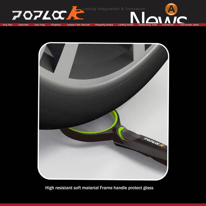 POPLOCK Magnifying Glass with Light, Anti-Drop Rubber Frame Protection, Non-Distorting 3X Optical Lens, LED Work Light for Dark Area, Soft Grip Handle. EDC Magnifier for Reading, Close Work and Hobby Neon Green