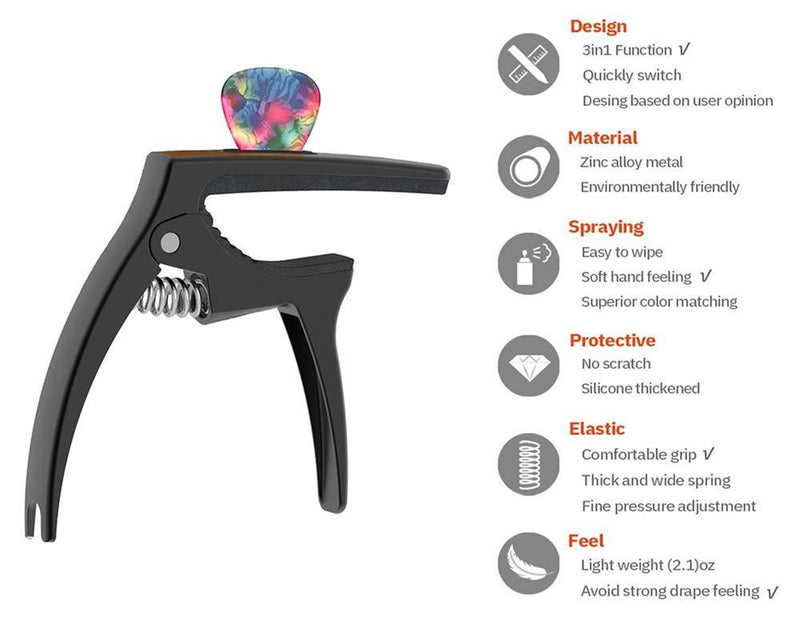 Guitar Capo,TANMUS 3in1 Zinc Metal Capo for Acoustic and Electric Guitars (with Pick Holder and 4Picks)ï¼ŒUkuleleï¼ŒMandolinï¼ŒBanjoï¼ŒClassical Guitar Accessories Black