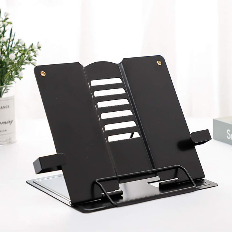 2021 Upgrade Metal Book Stand with Fixing Clips Folding Reading Book Holder with 6 Adjustable Angles and Paper Page Clip,Sturdy Desktop Rest Book Holder for Cookbook,Magazine, Laptop,Tablet (Black) Black