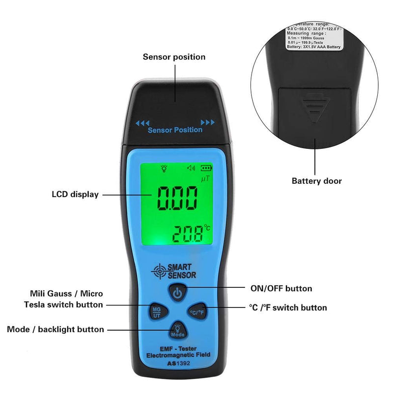 Smart Sensor AS1392 EMF Mini LCD Display Digital Electromagnetic Radiometer Tester for Home EMF Inspections/Office/Outdoor 0~2000mG (Without Battery)