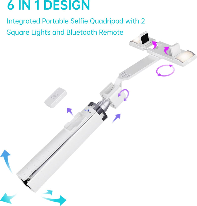 Ambertronix Selfie Stick Quadrapod with Square Lights and Bluetooth Remote, Aluminum 40 Inch, 3 Light Modes, 9 Brightness Levels, Compatible with All iPhone & Android Devices (2022 Upgrade) Silver