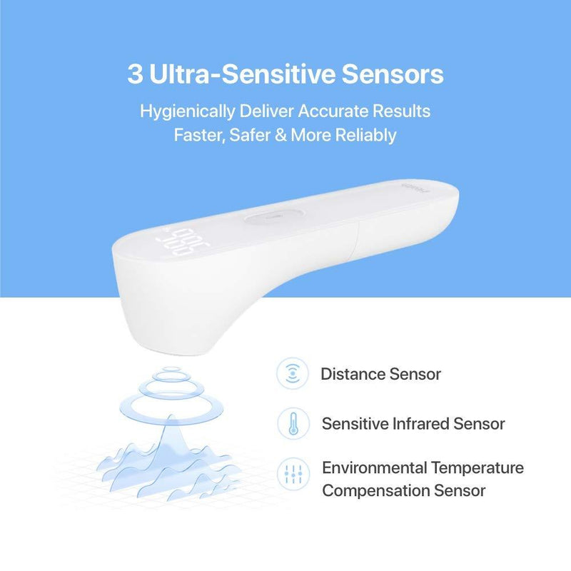 iHealth No-Touch Forehead Thermometer, Digital Infrared Thermometer for Adults and Kids, Touchless Baby Thermometer with 3 Ultra-Sensitive Sensors, Large LED Display and Gentle Vibration Alert (PT3)
