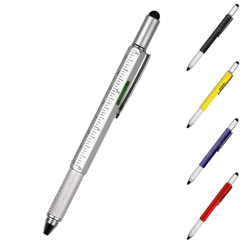 DunBong Metal Multi tool Pen 6-in-1 Stylus Pen - With Screwdriver, Phillips Screwdriver, Flathead Bit Slotted Screwdriver, Ballpoint Pen Black ink, Stylus pen, Bubble Level and Ruler (Silver) 银色