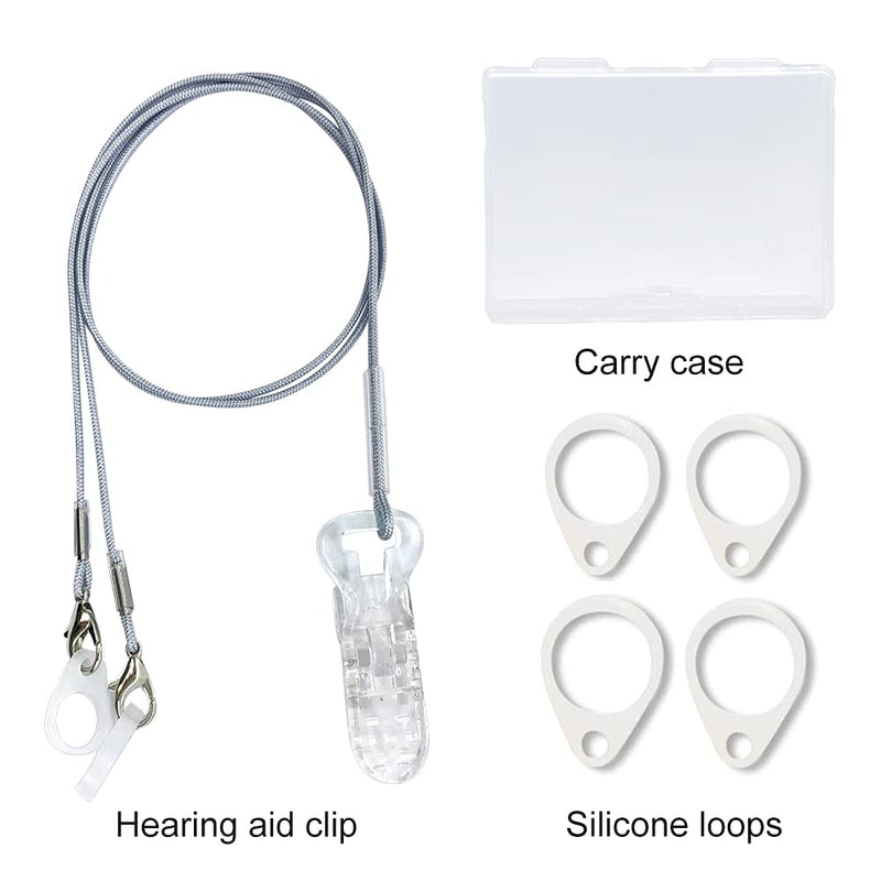 BTE Hearing Aid Clips Otoclip for Adults and Kids with 7mm 9mm 11mm Silicone Loops for BTE Hearing aids and Anti Lost Lanyard Cord and Carry case (Gray)