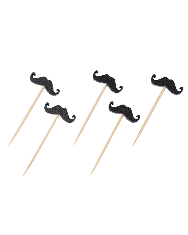 2.7 Inch Cocktail Skewers, 100 Moustache Design Birthday Party Toothpicks - Pointed, Sturdy, Black Bamboo Cupcake Mustache Toppers, Disposable, For Fruits, Desserts, Or Sandwiches - Restaurantware 2.8"