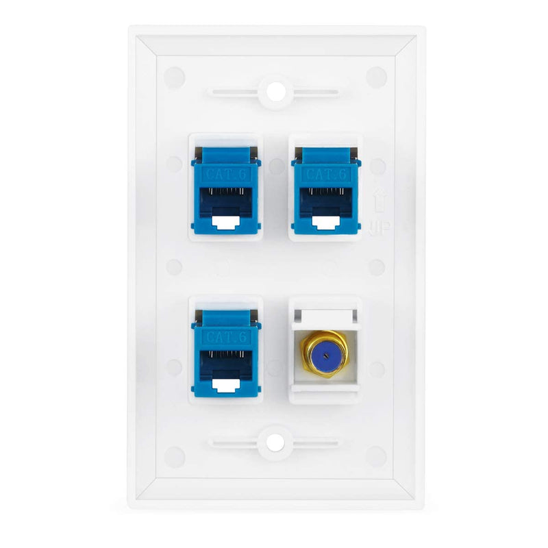 4 Port Wall Plate with Gold-Plated Coaxial TV Cable F Type + 3 Port Cat6 Ethernet Female to Female Jack in White … 3-CAT6