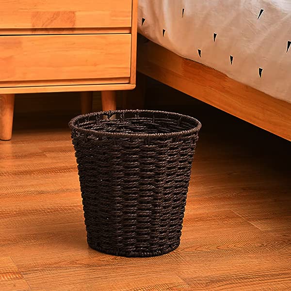 Round Wicker Waste Paper Bin and Basket, Rubbish Basket for Bedroom, Bathroom, Offices or Home (Brown) Brown