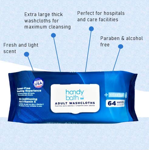Handybath Incontinence Adult Washcloths Scented for Senior Care or Outdoor Activities - Extra Large 12 x 9" Towels -Cleaning Wipes with Aloe & Chamomile - Rinse Free - 64 Count Pack (1 Pack) 64 Count (Pack of 1)