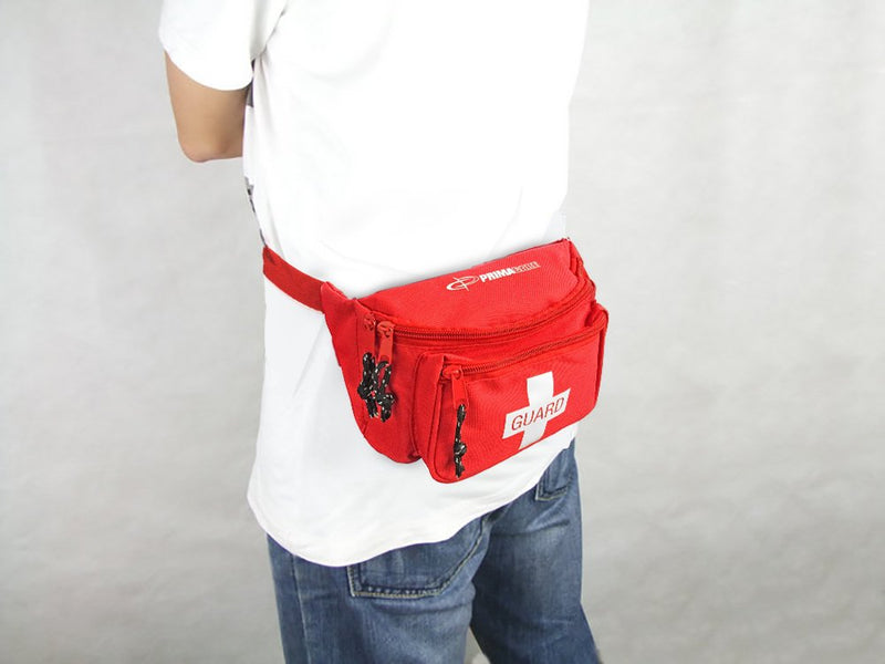 Primacare KB-8005 First Aid Fanny Pack Stocked with 75 Pieces Emergency Medical Supplies, Lifeguard Waist Travel Bag with 3 Pockets, Red, 8x2x6 inches