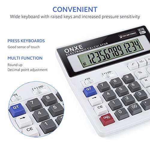 Calculator, ONXE Standard Function Scientific Electronics Desktop Calculators, Dual Power, Big Button 12 Digit Large LCD Display, Handheld for Daily and Basic Office (White)