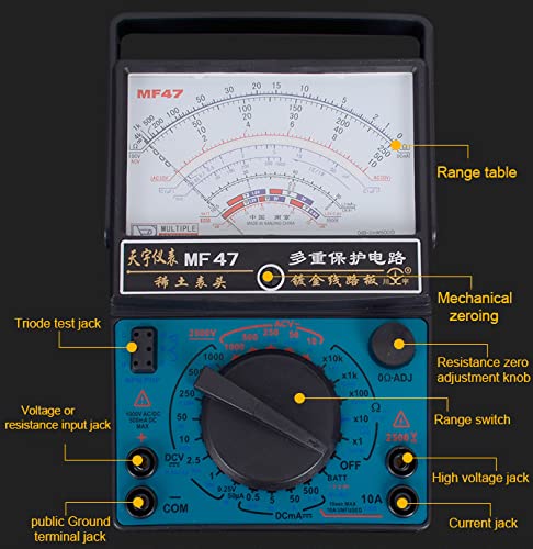 Fielect MF-47 Analog Multimeter, Ohm Volt Amp and Diode Voltage Tester Meter with Test Probe Digital MF47