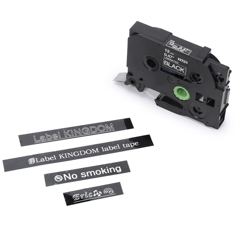 Label KINGDOM Black Label Replace for Brother White on Black TZe-335 TZ-335 P Touch 1/2 Inch Laminated Label for PTD210 PT-H111, 12mm 0.47 Inch x 26.2 Feet 8m, 2-Pack