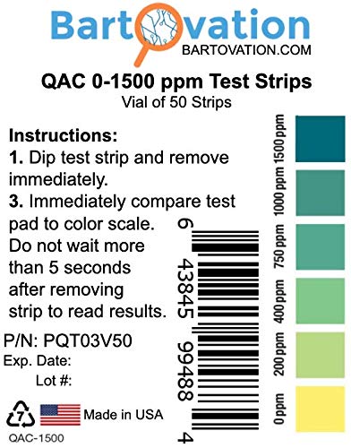 Quaternary Ammonium (QAC, Multi Quat) Sanitizer Test Strips, 0-1500 ppm [Vial of 50 Strips]