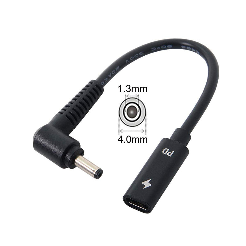cablecc Type C USB-C Female Input to DC 4.0x1.3mm Power PD Charge Cable fit for Laptop 18-20V Black 4.0x1.3mm
