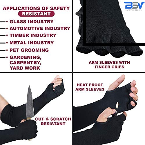 BSV Kevlar Protective Sleeves- Heat, Scratch & Cut Resistant Arm Sleeve with Finger Opening & Thumb Holes- Arms Safety Sleeves- Long Arm Guard Protector for Work- Bite Proof- 18 Inches, Black, 1 Pair