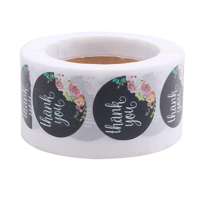 Thank You Stickers Roll, 500 PCS Per Roll Black Floral Thank You Lables Stickers for Business, Greeting Cards, Gift Wraps, Flower Bouquets Decoration