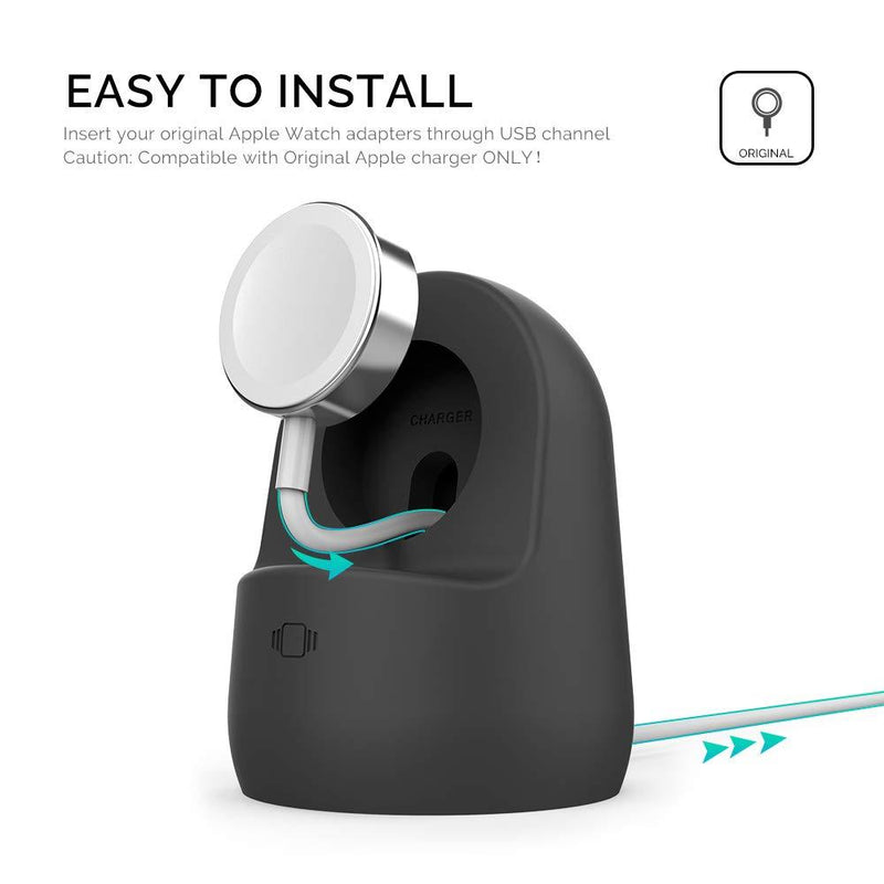 AhaStyle iWatch Stand Silicone Charging Dock Holder Accessories for Apple Watch Series SE/6/5/4/3/2/1(44/42/40/38mm), Supports Nightstand Modeã€Adapters NOT Includedã€‘(Black) Black