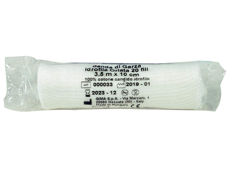 Gima - 20 threads hydrophilic hemmed gauze bandage, 100% hydrophilic white cotton, hemmed edge, latex free, size 3.5m x 10cm, box of 6 rolls 6 rolls x 3.5m x 10cm