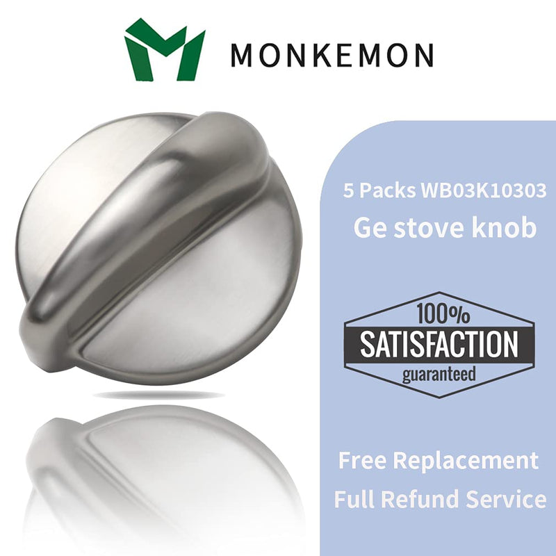 5 Packs WB03K10303 Upgraded Surface Burner Control Knob Stove Replacements konbs for GE,Heavy Duty Metal Cooktop Control Knob Replaces Part Numbers WB03K10208,AP4980246, 1810427, AH3486484, EA3486484