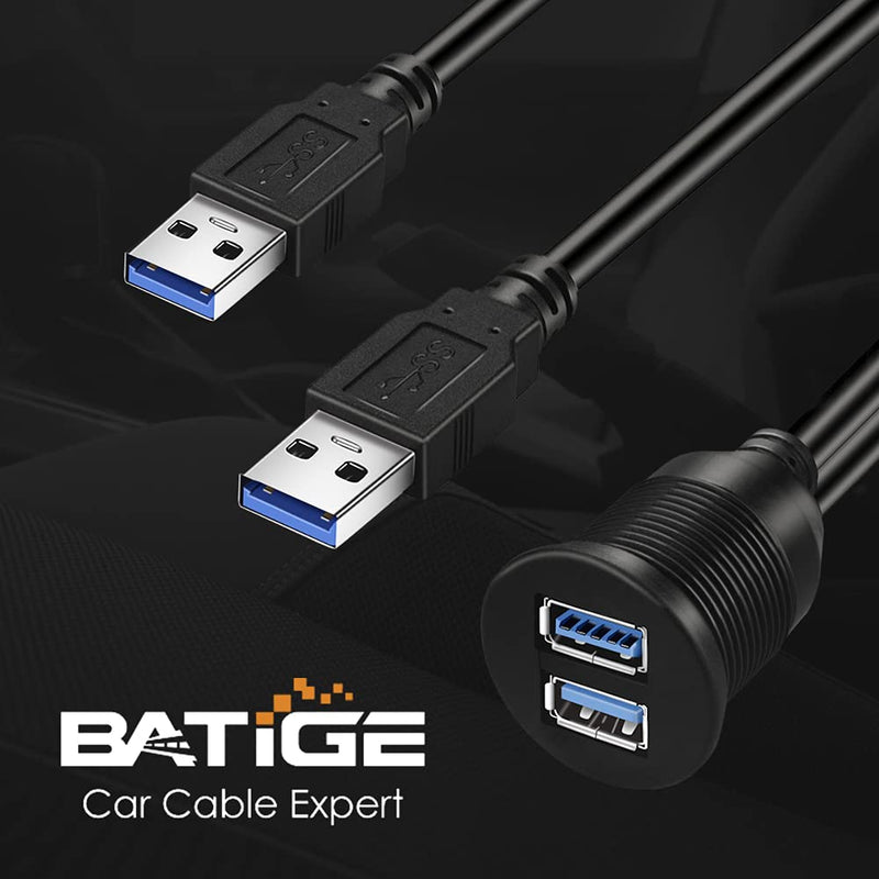 BATIGE 2 Ports Dual USB 3.0 Male to USB 3.0 Female AUX Flush Mount Car Mount Extension Cable for Car Truck Boat Motorcycle Dashboard Panel -3ft Dual Port