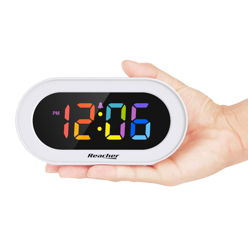 REACHER Small Colorful LED Digital Alarm Clock with Snooze, Simple to Operate, Full Range Brightness Dimmer, Adjustable Alarm Volume, Outlet Powered Compact Clock for Bedrooms, Bedside, Desk, Shelf Colorful Digit