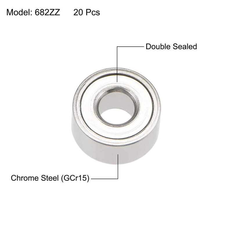 uxcell 682ZZ Deep Groove Ball Bearings 2mm Inner Dia 5mm OD 2.3mm Bore Double Shielded Chrome Steel Z2 20pcs
