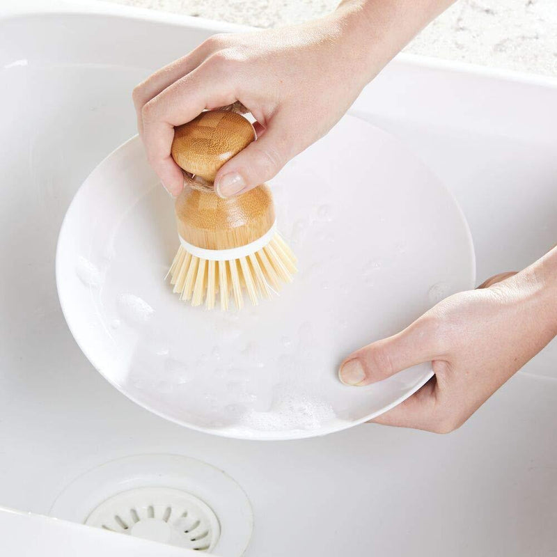 mDesign Bamboo Round Mini Palm Scrub Brush, Stiff Bristles - Wet Cleaning Scrubber - Wash Dishes, Pots, Pans, Vegetables - for Kitchen Sink, Bathroom, Household Cleaning - 2 Pack - White/Natural Wood