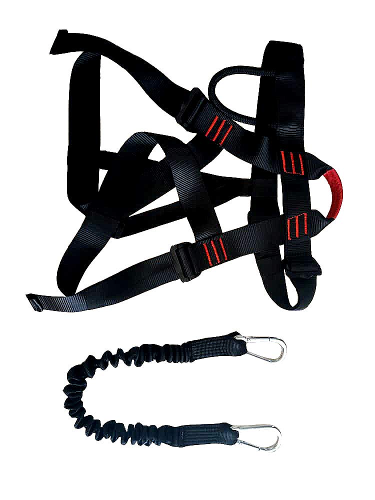 Rock Climbing Harness with Lanyard - Safety Belt Fall Protection - Tree Climbing, Outdoor Activities, Training - Premium Quality Durable Material - Adjustable Sliding Back D-Ring - Slotted Buckles