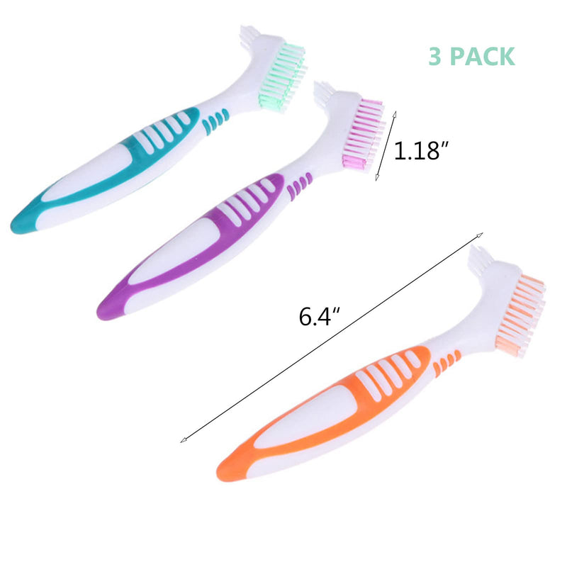 FRUTA 3 Pcs Denture Cleaning Brushes False Teeth Cleaning Brush Denture Double Sided Brush Multi-Layered Bristles Brush Portable Brush for False Teeth, 3 Colors