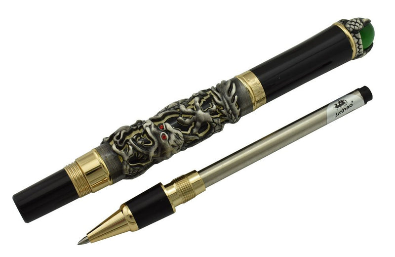 Jinhao Gray Dragon Playing Pearl Roller Ball Pen with Jewelry on Top with Pen Pouch for Journal Writing，Travel Diary