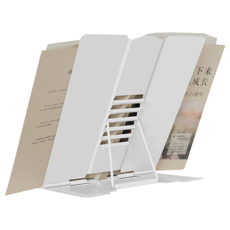 Desk Book Stand Holder Metal Book Stand Folding Reading Book Holder with 6 Adjustable Angles and Paper Page Clip Reading Book Holder (White) White