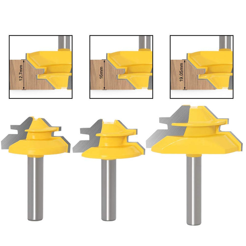 WSOOX 45 degree glue cutter miter milling cutter set, 3 pieces 8 mm shank glue cutter router bit, 45° lock miter router bit woodworking cutting tool for engraving machine trimming machine 3 pieces