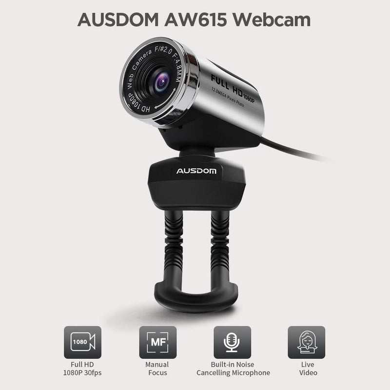 FHD Webcam 1080P, AUSDOM AW615 Computer Camera with Microphone USB Web Cam for Online Video Calling Skype YouTube Live Streaming Recording on Desktop Laptop PC Compatible with Mac Android Windows