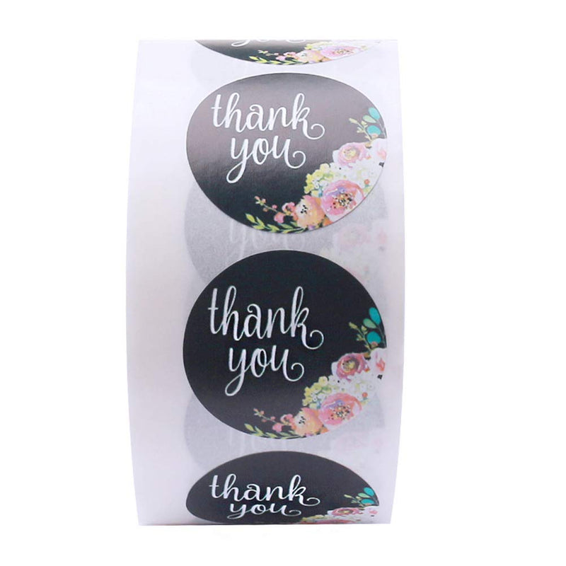 Thank You Stickers Roll, 500 PCS Per Roll Black Floral Thank You Lables Stickers for Business, Greeting Cards, Gift Wraps, Flower Bouquets Decoration