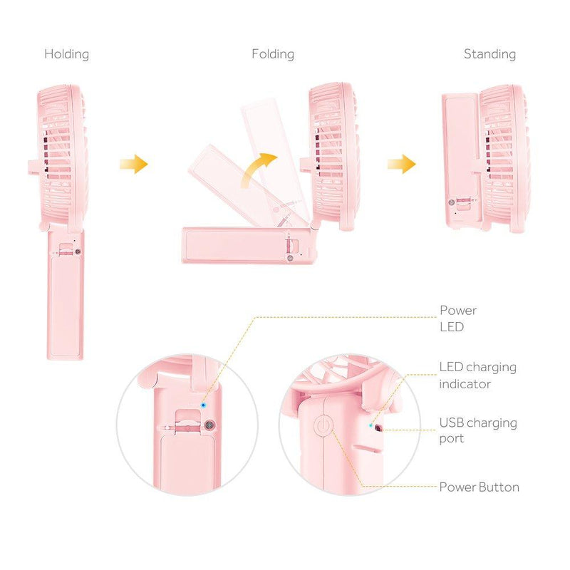 Mini Handheld Fan, EasyAcc Personal Cooling Fan Lifetime Warranty Personal Battery Fan USB Desk Fan Small Folding Portable Table Fan Rechargeablefor Travel Office Room Household Pink 2600mAh Battery