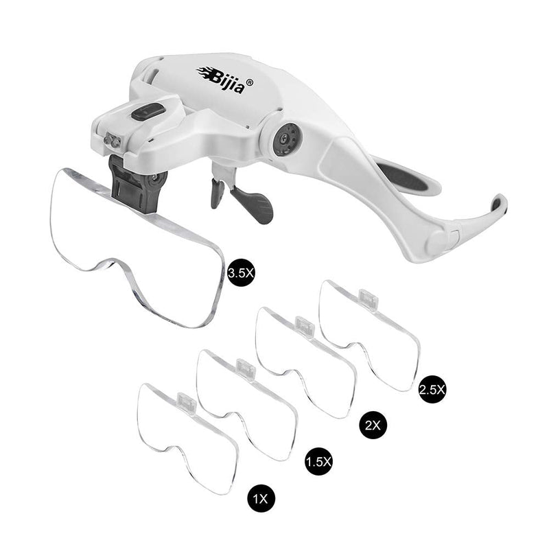 BIJIA Upgraded Version Headband Interchangeable(1.0X, 1.5X, 2.0X, 2.5X, 3.5X) Magnifying Glass with LED Lights for Close Work and Eyelash Extensions 9892B2:3AAA battery