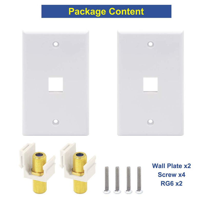 VCE Coax Wall Plate 2-Pack, 1-Port TV Cable Wall Plate 3GHz F-Type Keystone Coupler RG6 Wall Jack for Coaxial Cable, Single Gang, White