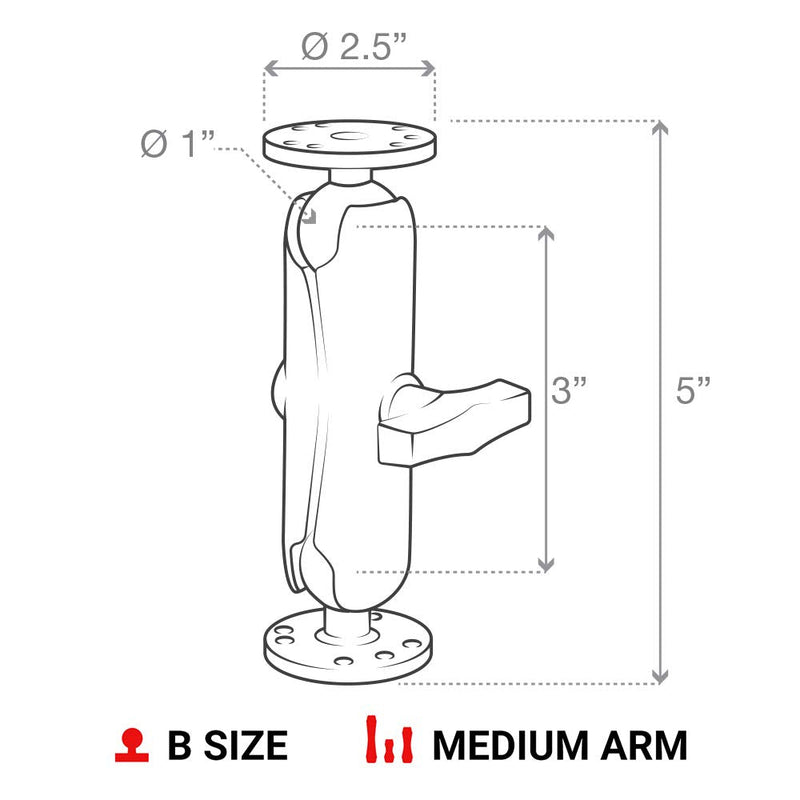 Ram Mounts RAM-B-101U 1-Inch Diameter Ball Mount with 2/2.5-Inch Round Base Medium Arm