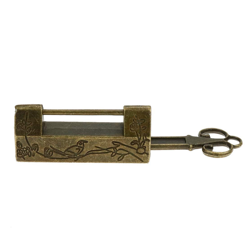 Quluxe Antique Chinese Lock and Key, Flower Bird Carved Retro Padlock Old Vintage Lock with Key for Jewelry Box- Bronze