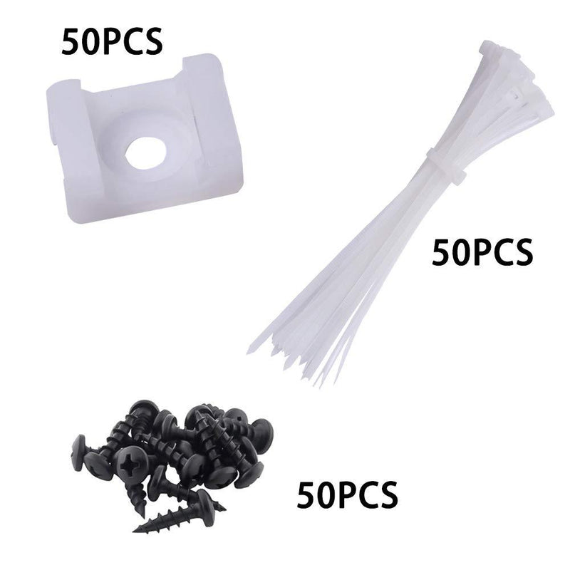 50 Pcs White Cable Tie Base Saddle Type Mount Wire Holder, Cable Zip Ties with Self-Locking 6 Inch & 0.145 Inch,#8 x 0.6 Inch Deep Thread Pan Head Screws