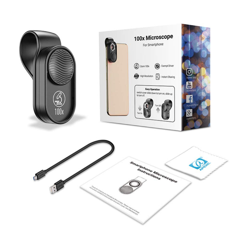 Apexel 100X Phone Microscope Mini Pocket Microscope for iPhone HD Optical Lens/Magnifying LED Light/Universal Clip Design The Best Choice to Enjoy Macrworld for Kids and Adults Black1 100 x