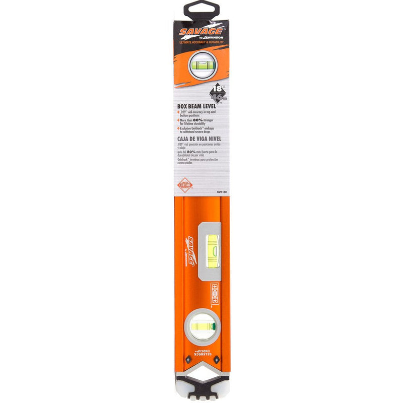 Swanson Tool 18 In. Savage Box Beam Level with GELSHOCK™ End Caps—CONTRACTOR SERIES, Model: SVB180 18" (inches) Standard